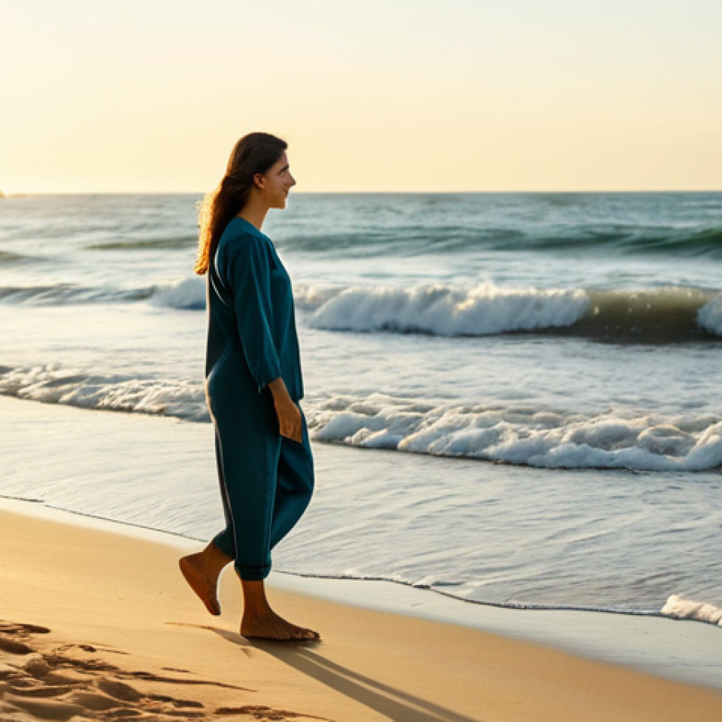 Serene Beach Scene**
A woman fully clothed in comfortable, modest clothing, walking barefoot along a sun-drenched Brazilian beach. The ocean waves gently lap at the shore. She is looking out at the horizon with a peaceful expression. Safe for work, appropriate content, professional quality, perfect anatomy, natural proportions. Golden hour lighting, soft focus, family-friendly image.
**