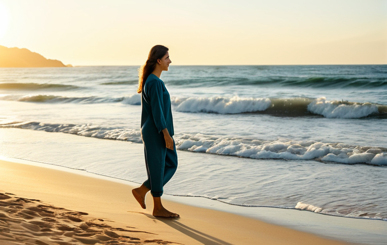 Serene Beach Scene**
A woman fully clothed in comfortable, modest clothing, walking barefoot along a sun-drenched Brazilian beach. The ocean waves gently lap at the shore. She is looking out at the horizon with a peaceful expression. Safe for work, appropriate content, professional quality, perfect anatomy, natural proportions. Golden hour lighting, soft focus, family-friendly image.
**