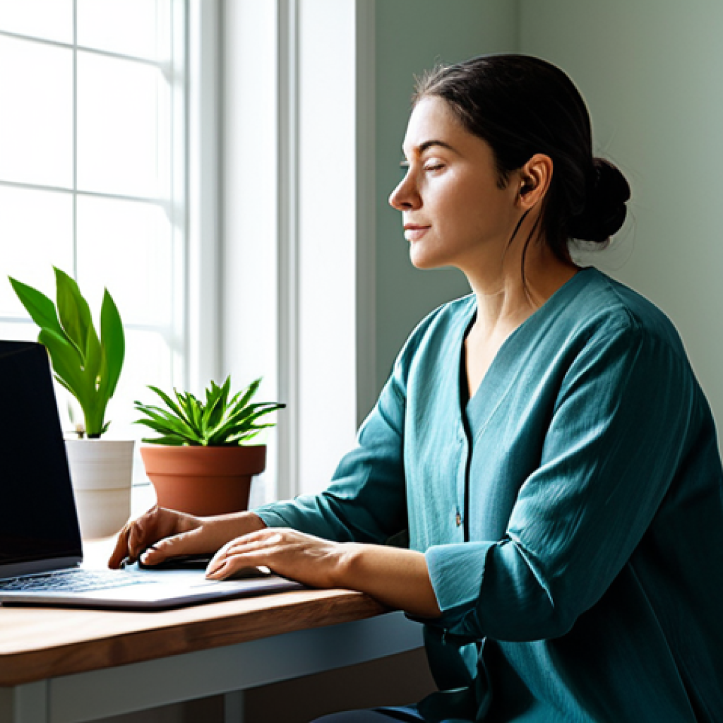 언플러그드 시간 관리의 역사 - Tranquil Home Office Escape**
A serene home office scene, featuring a person fully clothed in comfo...