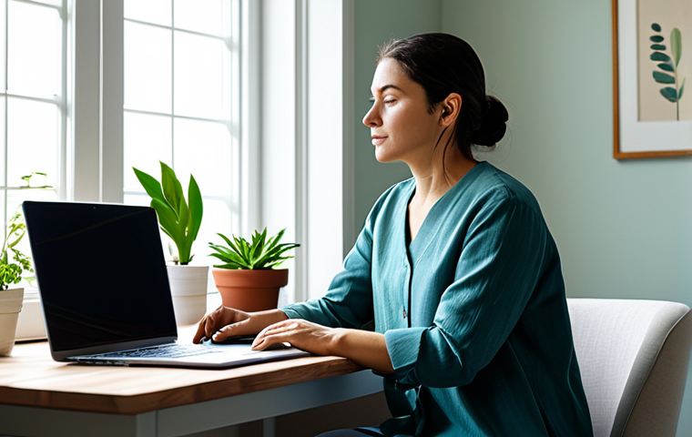 언플러그드 시간 관리의 역사 - Tranquil Home Office Escape**
A serene home office scene, featuring a person fully clothed in comfo...