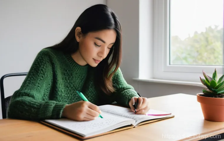 언플러그드 시간 관리의 목표 설정 방식 - **Prompt 1: Focused Analog Planning in a Serene Environment**
A young woman in her late 20s to e...