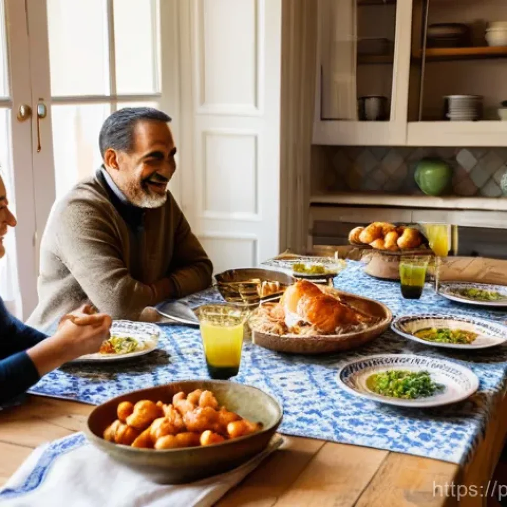 효율적인 언플러그드 시간 배분 전략 - **Prompt 1: Family Dinner in a Cozy Portuguese Home**
A happy, diverse family, consisting of par...