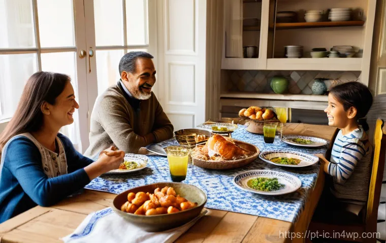 효율적인 언플러그드 시간 배분 전략 - **Prompt 1: Family Dinner in a Cozy Portuguese Home**
A happy, diverse family, consisting of par...