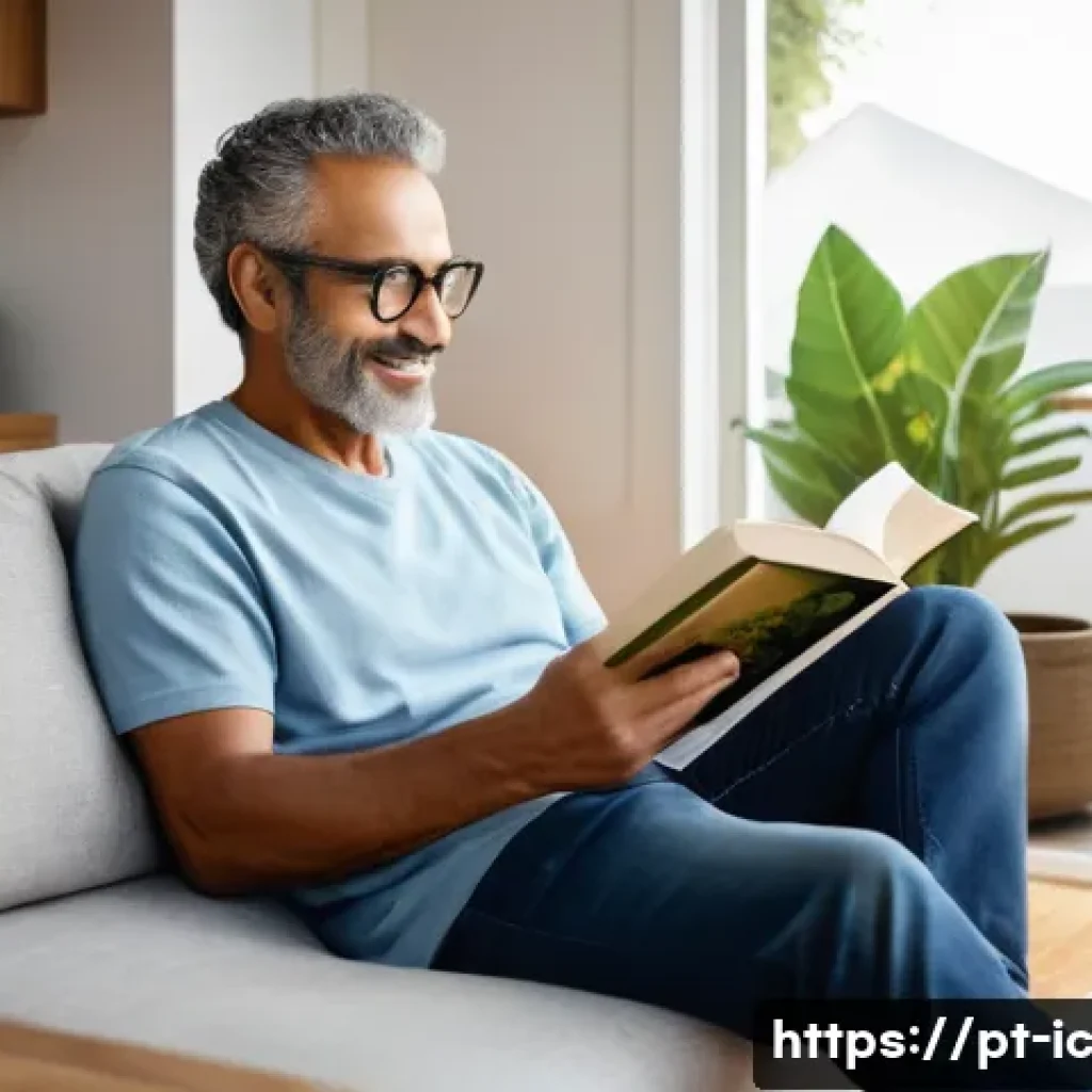 언플러그드 시간 관리의 효과적인 기법 - A serene home setting with a middle-aged Brazilian man sitting peacefully in a cozy living room, awa...