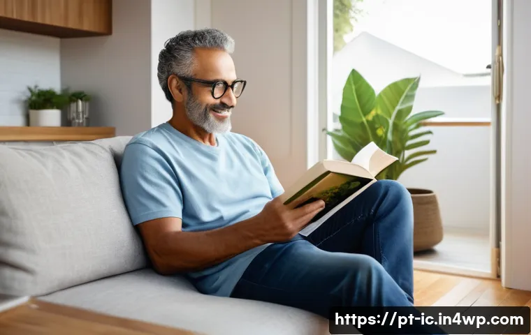 언플러그드 시간 관리의 효과적인 기법 - A serene home setting with a middle-aged Brazilian man sitting peacefully in a cozy living room, awa...