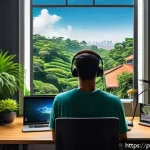 Home 21 언플러그드 시간 관리에 유용한 앱 - A modern home office scene in São Paulo, Brazil, featuring a young adult using a smartphone with the...