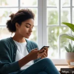 Home 19 언플러그드 시간의 과학적 근거 - A serene indoor scene showing a young adult sitting comfortably in a cozy living room, holding a sma...