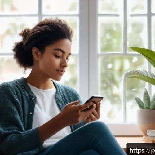 Home 31 언플러그드 시간의 과학적 근거 - A serene indoor scene showing a young adult sitting comfortably in a cozy living room, holding a sma...