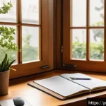 Home 18 언플러그드 시간 관리의 원칙 - A cozy, well-organized home office corner bathed in soft natural light during morning hours, featuri...