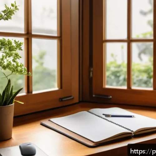 Home 30 언플러그드 시간 관리의 원칙 - A cozy, well-organized home office corner bathed in soft natural light during morning hours, featuri...