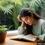 Home 23 언플러그드 시간 관리의 개념 정리 - A serene indoor scene showing a young adult woman sitting comfortably in a cozy corner filled with l...