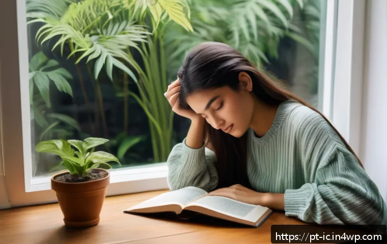 언플러그드 시간 관리의 개념 정리 - A serene indoor scene showing a young adult woman sitting comfortably in a cozy corner filled with l...