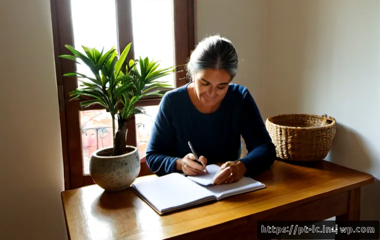 Home 17 언플러그드 시간 관리의 실천 사례 - Photorealistic morning scene in a bright Lisbon apartment, a middle-aged Portuguese woman placing he...