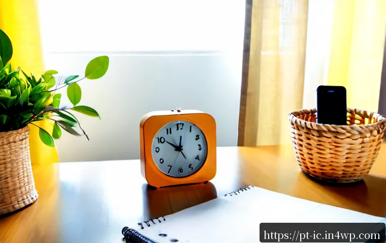 언플러그드 시간 관리를 위한 필수 도구 - Photorealistic morning desk scene in a bright Brazilian apartment, an analog clock, blank paper week...